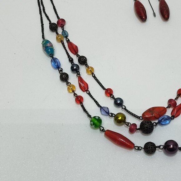 Avon Trio Chain Necklace Dangle Earrings Multicolor Art Glass Beads Boho Hippie - Picture 2 of 8